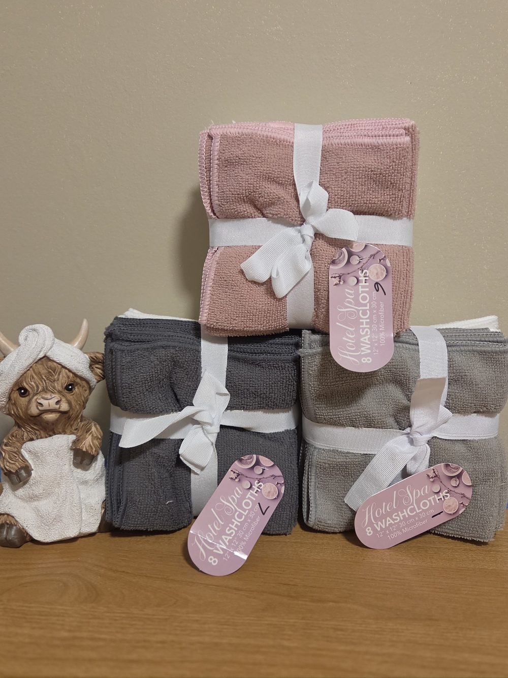 24 Pk Hotel Spa Washcloth Set - 8-Pink, 8-Charcoal, 8-Light Gray